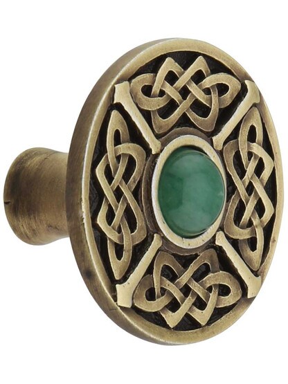 Celtic Jewel Knob Inset with Green Aventurine in Antique Brass.